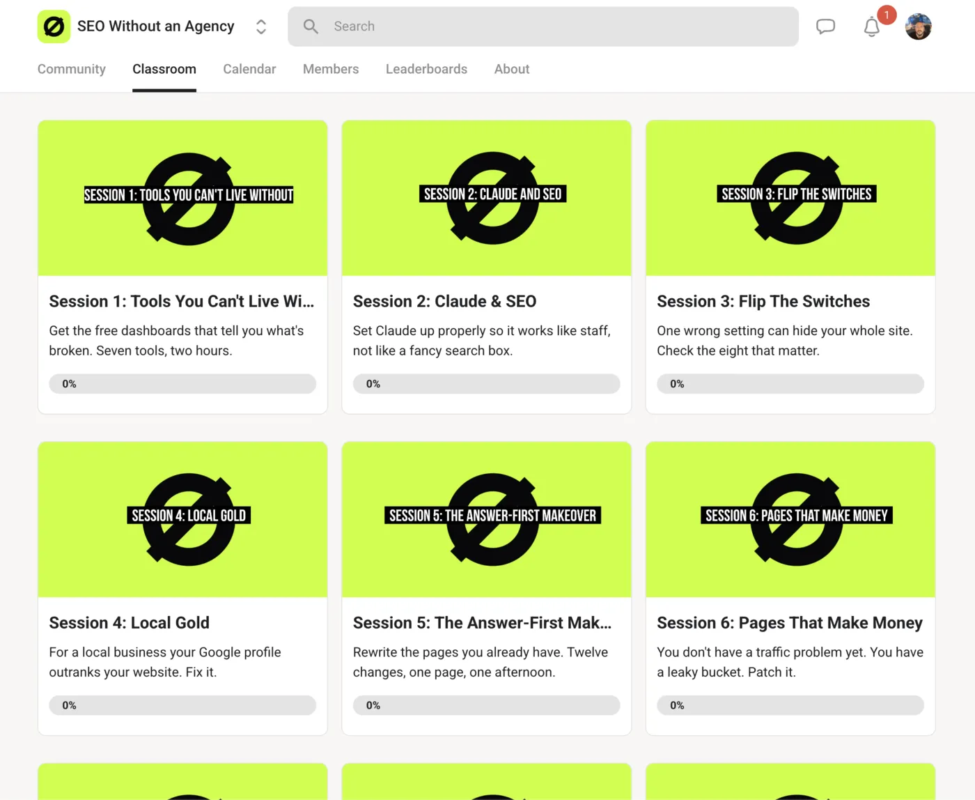 The SEO Without an Agency classroom showing the ten short video sessions