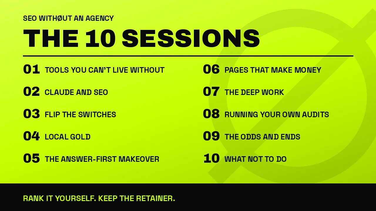 The ten sessions included in SEO Without an Agency